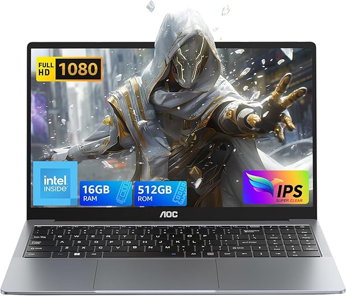 AOC Ordinateur Portable, Boîtier Métallique d'un PC Portable, 15,6 Pouces FHD 16 Go de DDR4 512 Go de SSD, in-tel Quad-Core N97 (6M Cache, Jusqu'à 3,60 GHz), Wi-FI, BT5.0, USB 3,2, Type C, HDMI